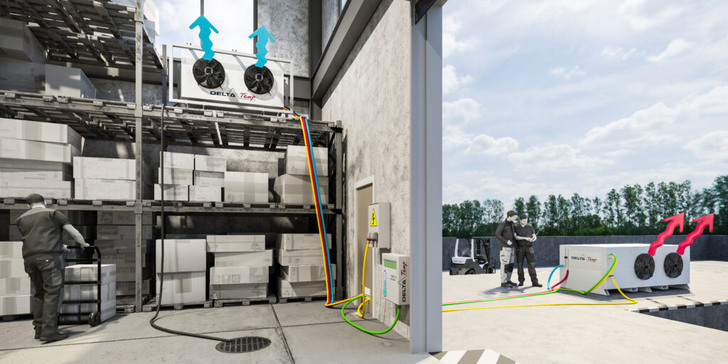 Industriële low temp koelunits van Delta-Temp buiten bij opslagruimte met werknemers en gestapelde materialen.
